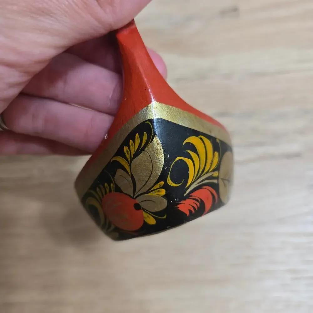 Vintage USSR Russian Folk Art Khokhloma Carved Lacqer Wood Bird Bowl Red Gold